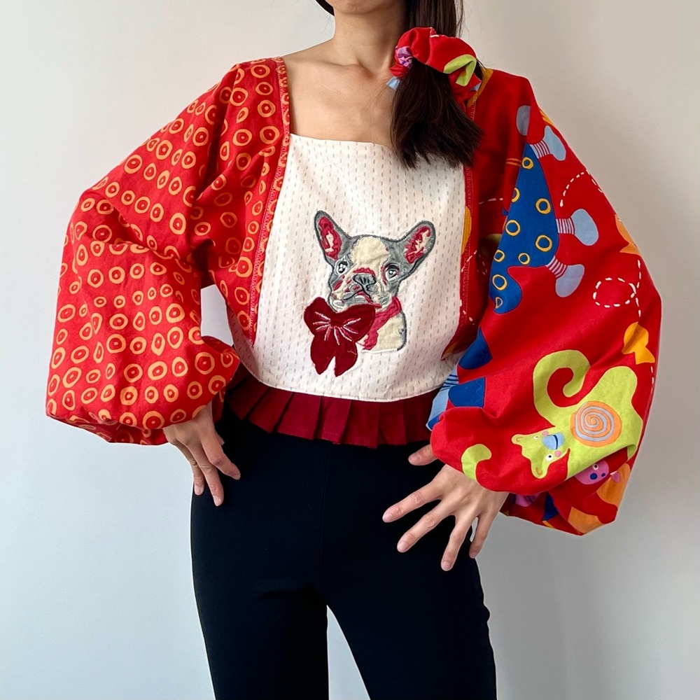 Handmade French Bulldog Bow Puff Sleeve Top with Matching Scrunchies SKU 09213 - Picture 6 of 16